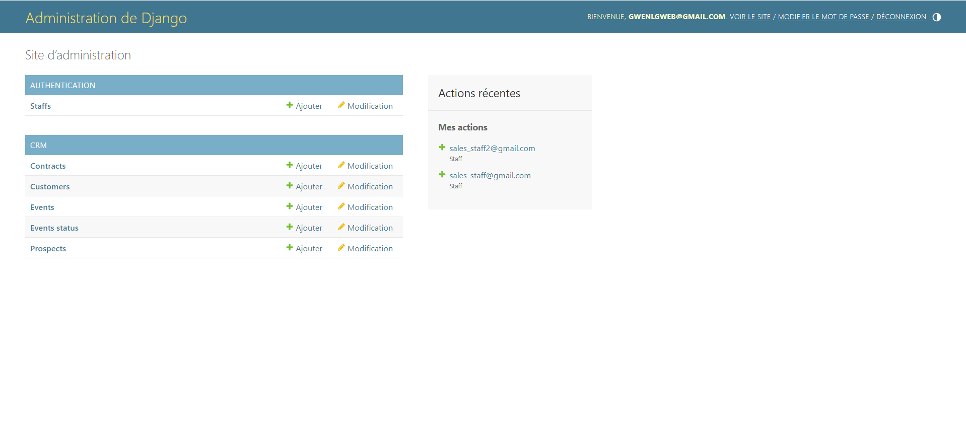 Page d'administration du CRM